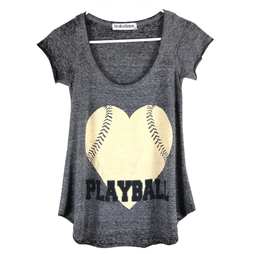 Brokedown Gray Baseball Playball Burn-Out Raw Hem Short Sleeve Fitted TShirt Top